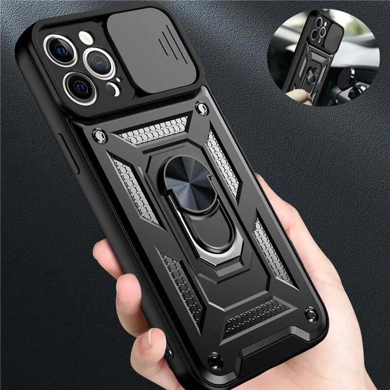 

Slide Push Window Armor Shockproof Case For iPhone 12 11 Pro Max X Xs XR 6 7 8 Plus Lens Protection Magnetic Stand Back Cover