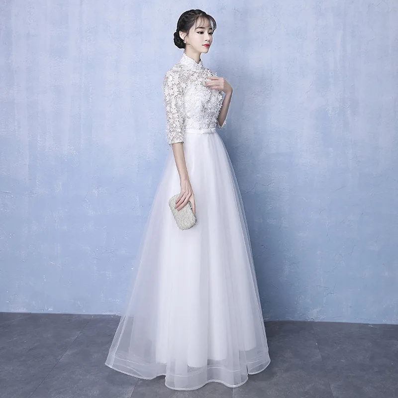 Винтажное Белое Женское платье Ципао длинное вечернее с воротником стойкой