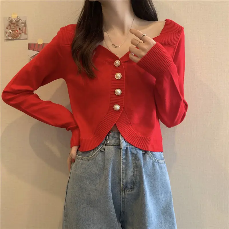 Женский трикотажный кардиган с V-образным вырезом и длинным рукавом