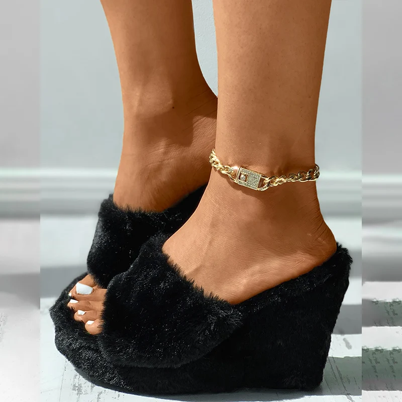 

Winter Women Casual Round Toe Home Wear Fashion Solid Color High Heel Fluffy Wedge Slippers Going Out Sandals