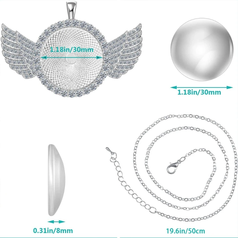 

27 Pieces Rhinestone Bezel Cabochon Trays with Wing Round Pendant
