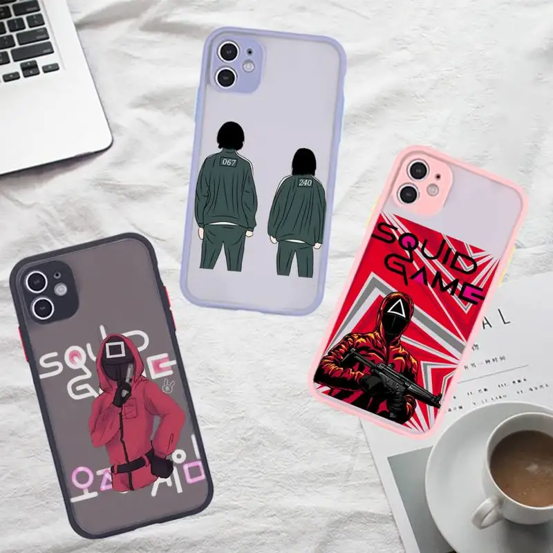 

squid game Phone Case For iPhone 12 11 Mini Pro XR XS Max 7 8 Plus X Matte transparent Gray Back Cover
