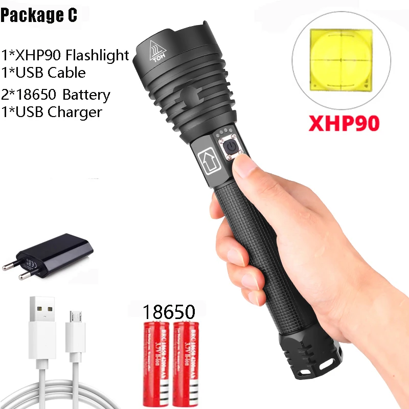 Package C XHP90 самый мощный светодиодный фонарик XLamp 18650 Zoom Torch USB Перезаряжаемый водонепроницаемый тактический фонарь Кемпинг Охота лампа - Испускаемый цвет: Package C