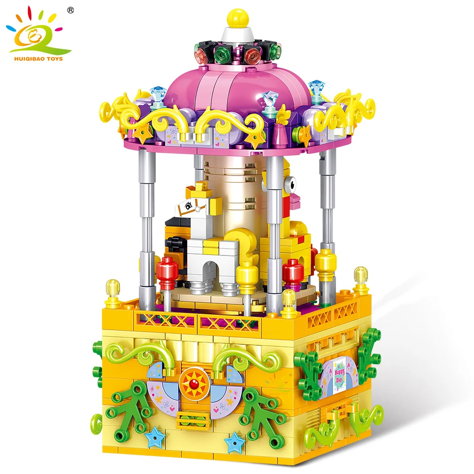 

HUIQIBAO 607Pcs Amusement Park Music Musical Box Building Blocks City Merry-Go-Round Hobbyhorse Creativity Bricks Toys Gift Kids