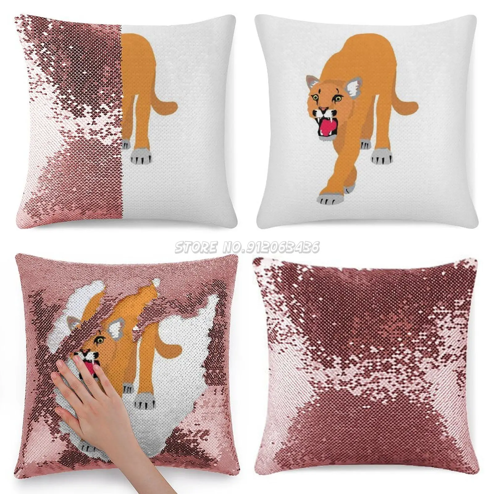 Sequin Pillowcase Glitter Throw Pillow for Party Cafe Home Sofa Cougar Mountain Lion Mountain Lion Panther Animal Cat Wild Fore