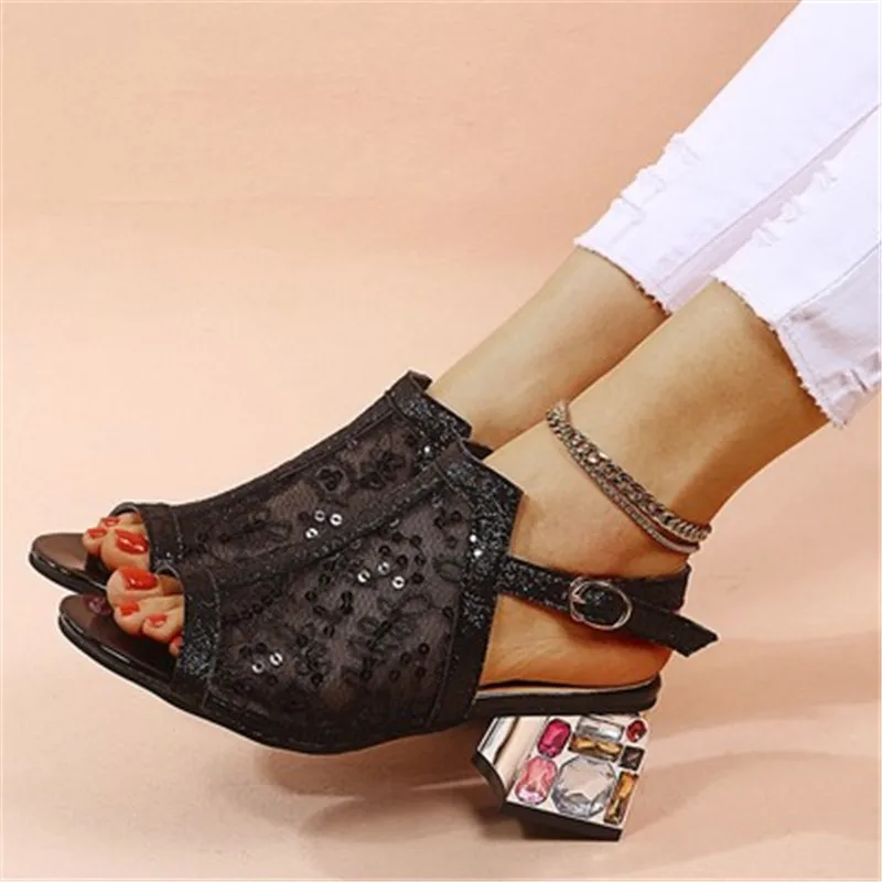 

22021 Summer Women Sandals Lace Breathable Bling Beach Rhinestone Middle Heels Gauze Dress Peep Toe Cool Shoes Zapatos De Mujer
