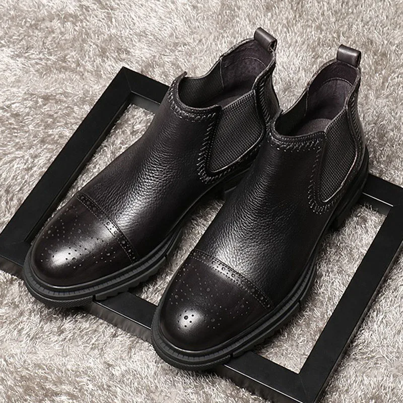 

Men's Leather Boots Handmade Genuine Leather Mens Ankle Boots High Top Elastic Band Dress Basic Boots for Men Boots