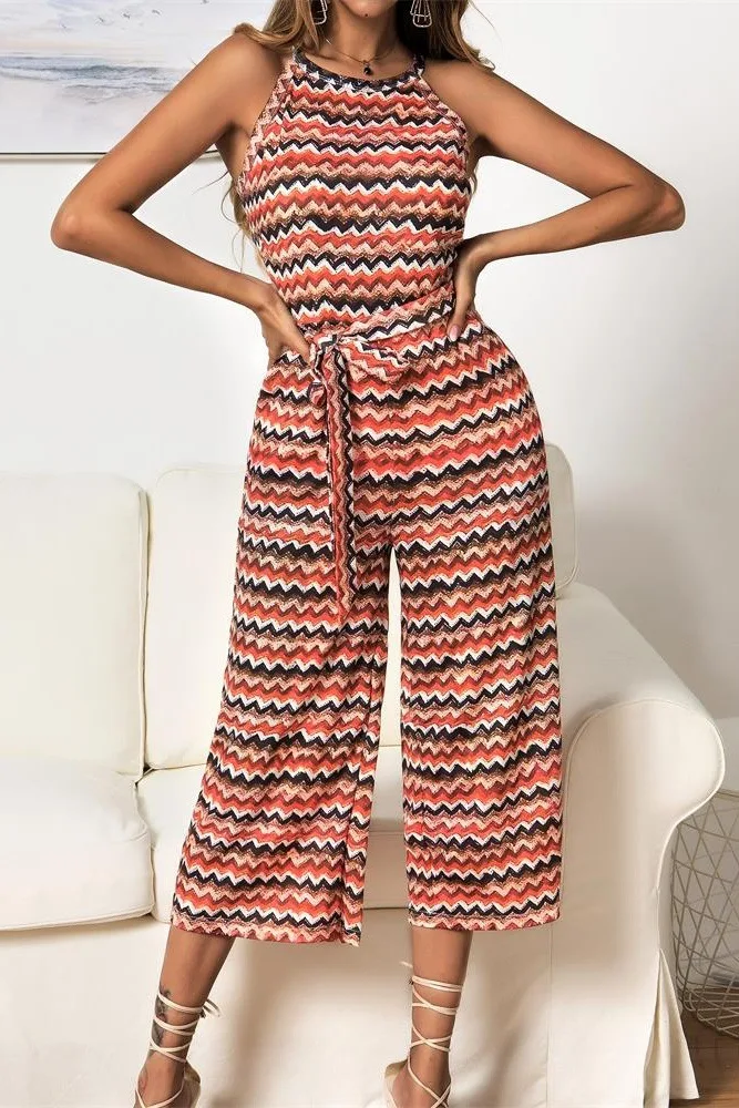 

2021 Summer Streetwear Women Plus Size Clothes Chromatic Stripe Printed Sleeveless Wide-legged Jumpsuits