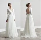 Простое свадебное платье 2021, свадебные платья с длинным рукавом и открытой спиной, винтажное атласное белое платье невесты из тюля с V-образным вырезом, Новинка