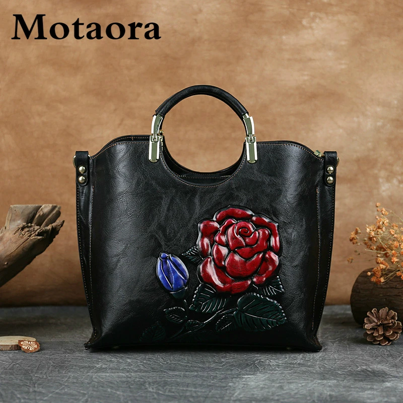 

MOTAORA Women Tote Bag Retro Handmade Embossed Handbag Ladies Large Capacity Leather Shoulder Bag 2021 New Vintage Messenger Bag