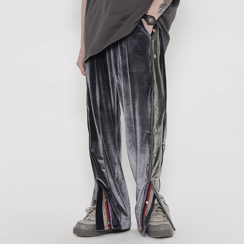 

Color Block Side Button Fleece Casual Trousers Men and Women Straight Velvet Loose Track Pants High Street Oversize Baggy Pants