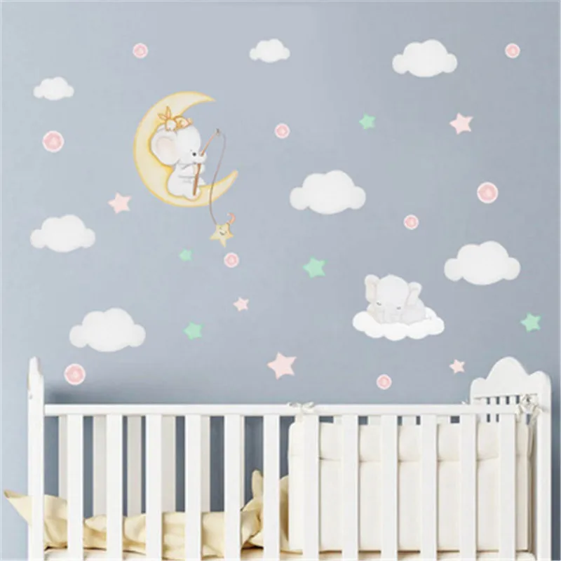 Cartoon Cloud Stars Elephant Wall Stickers For Kids Room Baby Girl Decorative Sticker Nursery Bedroom Decal Home Decor | Дом и сад