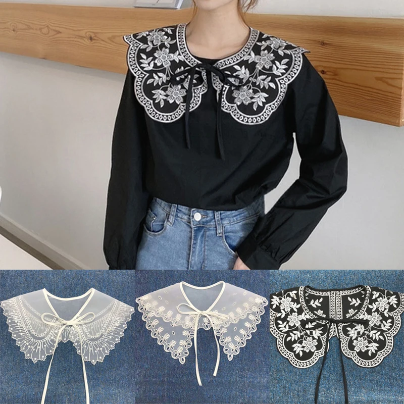 

Women Embroidered Bow False Collar Detachable Lace Fake Collar Blouse Cloud Shoulder Doll Collars Clothes Shirt Accessories