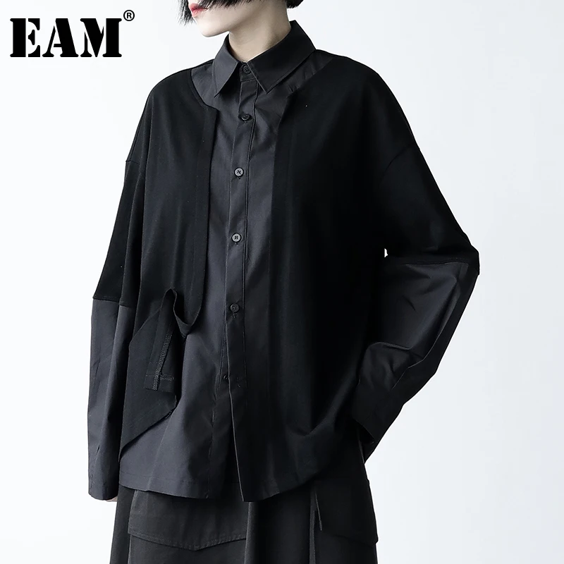 

[EAM] Women Black Irregular Spliced Big Size Blouse New Lapel Long Sleeve Loose Fit Shirt Fashion Spring Autumn 2022 1DE2463