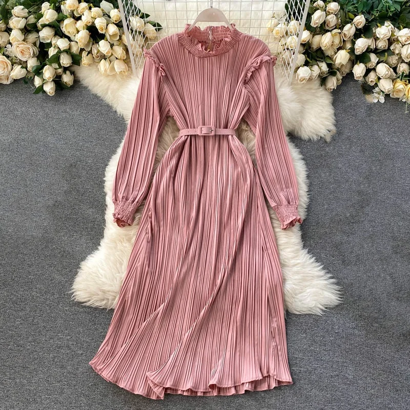 

Women's Chiffon Pleated Dress With Belt Autumn Long Sleeve Ruffle Long Dresses For Women Elegant Ladies Clothes