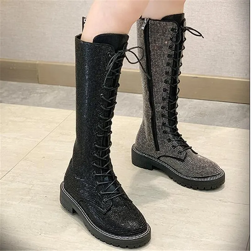 Fashion Sexy Women's Lace-Up Knees High Long Boots Bling Rhinestone Leather Platform Martin Boots Black Silver Zapatos Drop Ship