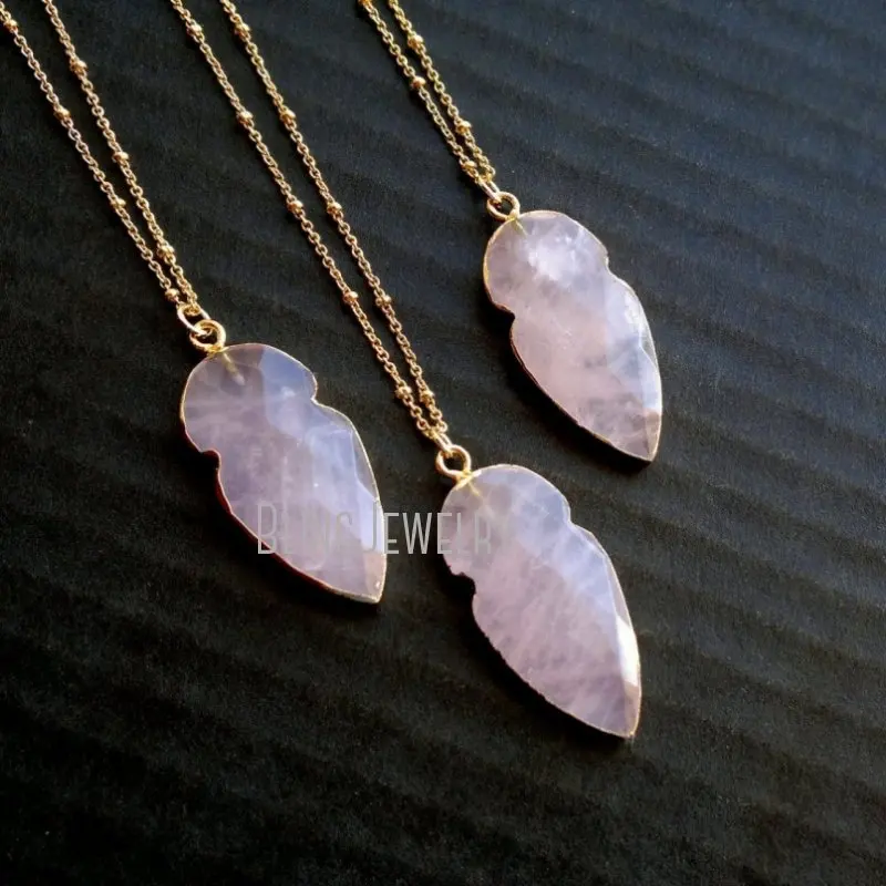 NM38572 Gold Dipped Rose Quartz Jewelry Tribal Layering Necklace Jewelry Mineral Boho Arrowhead Necklace