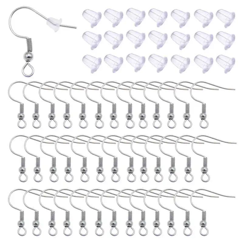 

Julie Wang 50PCS Ear Wire Hooks Stainless Steel Iron Earrings Clasps With Earring Stopper Back Jewelry Making Accessory