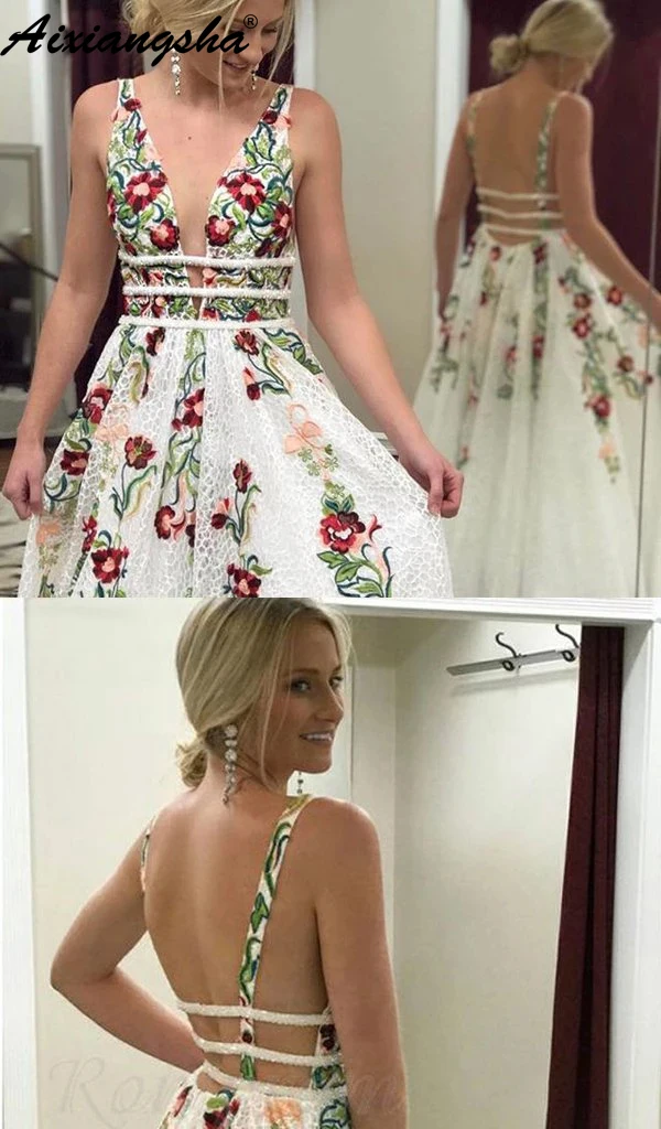 

White Fairy Prom Dresses A-Line V-Neck Lace Flowers Sleeveless Open Back Sexy Prom Dress Evening Party Gown