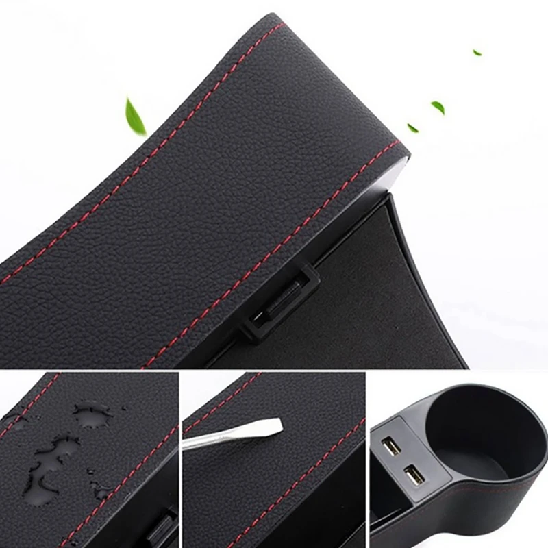 

1 Pair Dual USB Charger Pu Leather Multifunctional Car Storage Box Seat Space Filler Organizer with Cup Rack