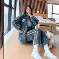 2022 winter womens warm home clothes sleepwearthree layer thick ladies flannel cute cartoon pajamas velvet pijama