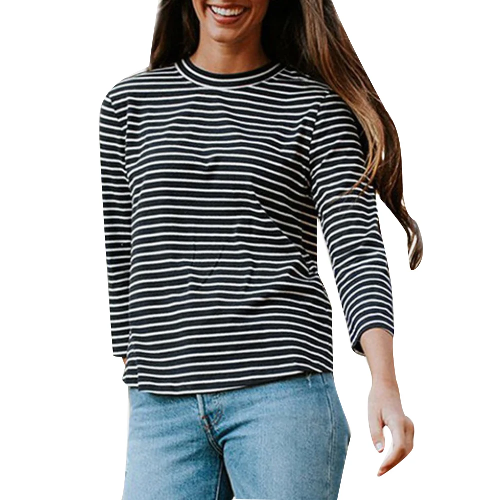 Женская футболка с принтом в полоску нового дизайна длинными рукавами и круглым