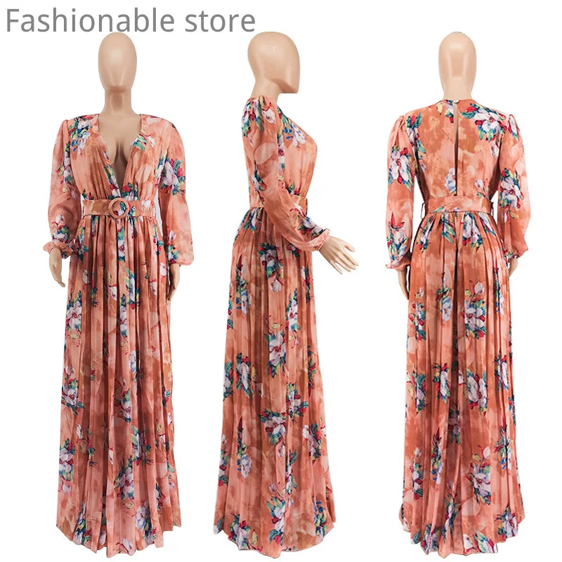 

Women Floral Print Deep V-Neck Ruched Long Sleeve Maxi Dress With Sashes