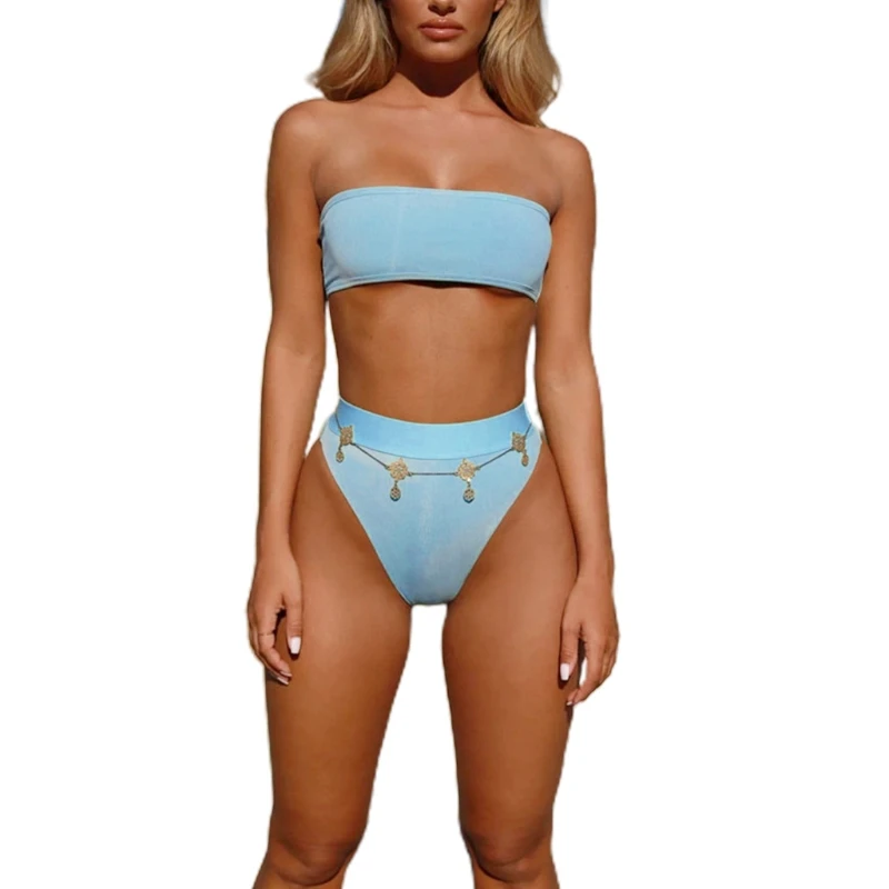 

Womens Sexy 2 Piece Bikini Set Strapless Bandeau Removable Pad Swimsuit High Waist Thong Solid Color Bathing Suit