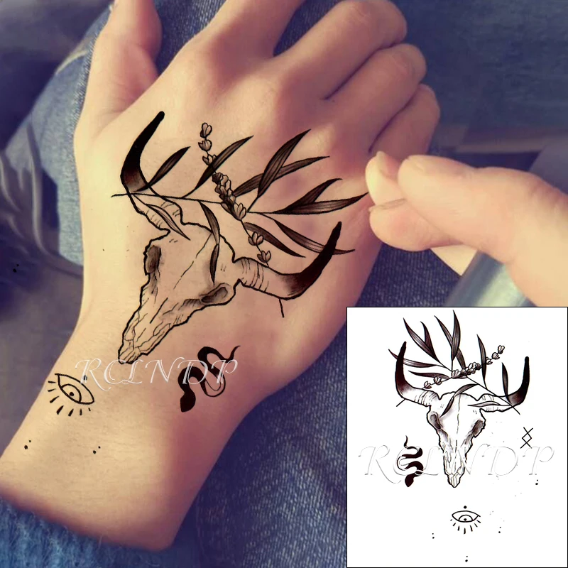 Водостойкая Временная тату наклейка Телячья голова Череп рога змея глаз цветок