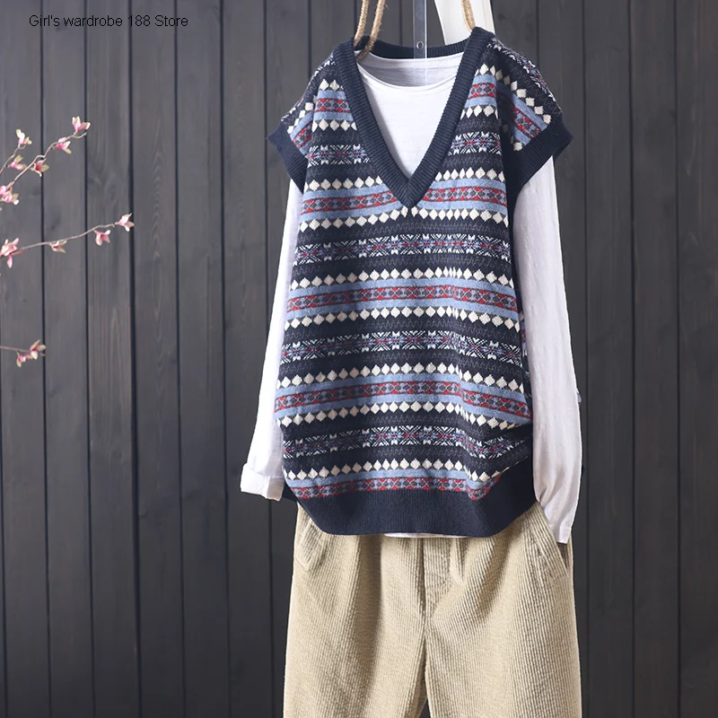 

autumn new loose and versatile knitted jacquard core spun yarn sleeveless commuting vest