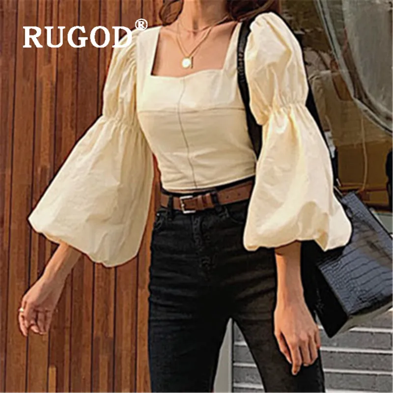 Женская блузка с квадратным вырезом RUGOD абрикосовая однотонная короткая пышными