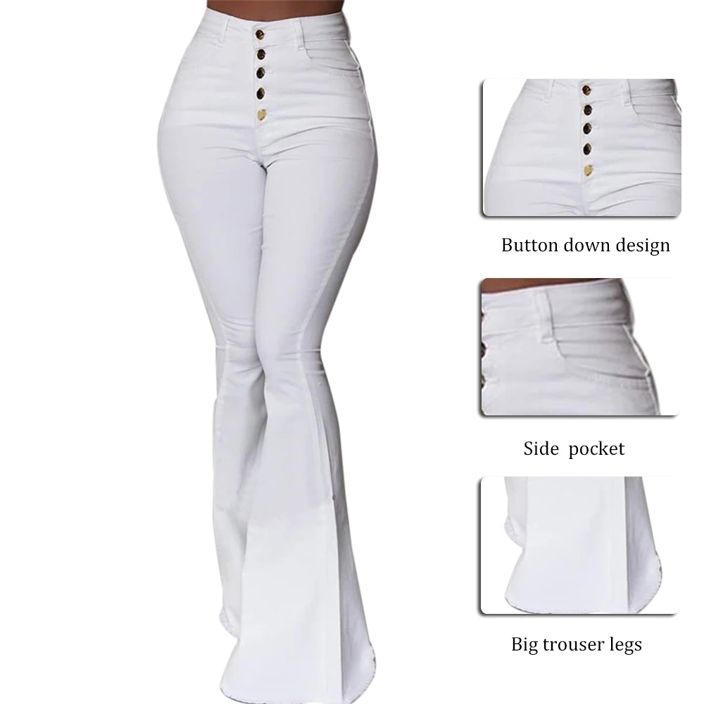 

CALOFE White Bell-Bottom Pants Women Button High Waist Flare Pant New Trousers Slim Casual Solid Work Wear Pantalon Femme