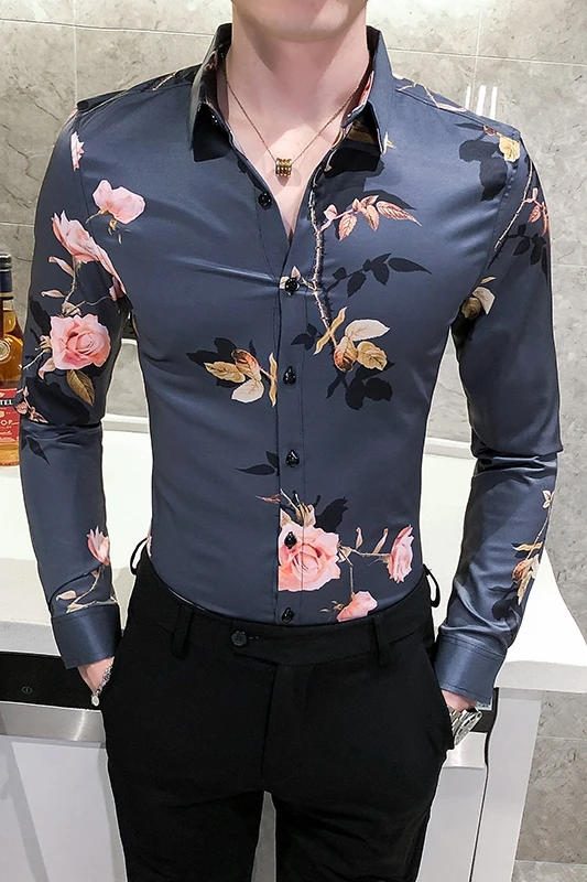 

British Style Autumn Shirt Men Fashion Digital Print Casual Shirts for Men Slim Fit Long Sleeve Men Floral Shirts Club Tuxedo