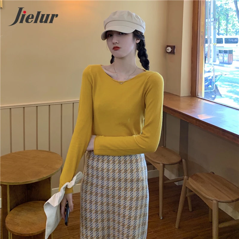 

Jielur Autumn Winter O-neck Sweater Women Solid Color Pullovers Basic Primer Pull Femme Chic Slim Knitted Sweaters Jumper Soft