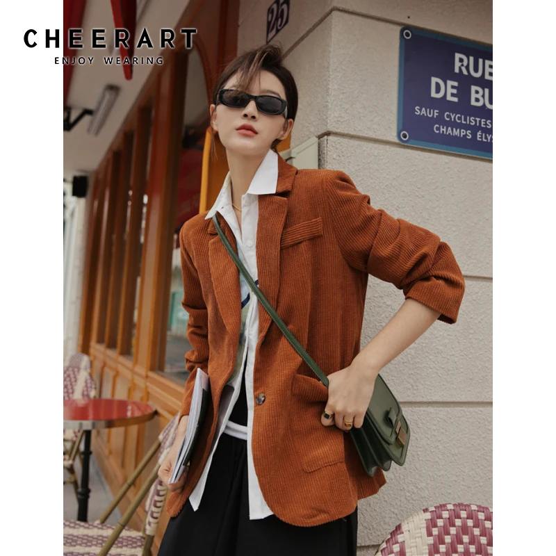 

Женский вельветовый Блейзер CHEERART, коричневый костюм, пальто и куртка, весна-осень 2020, Модный повседневный приталенный пиджак в Корейском ст...