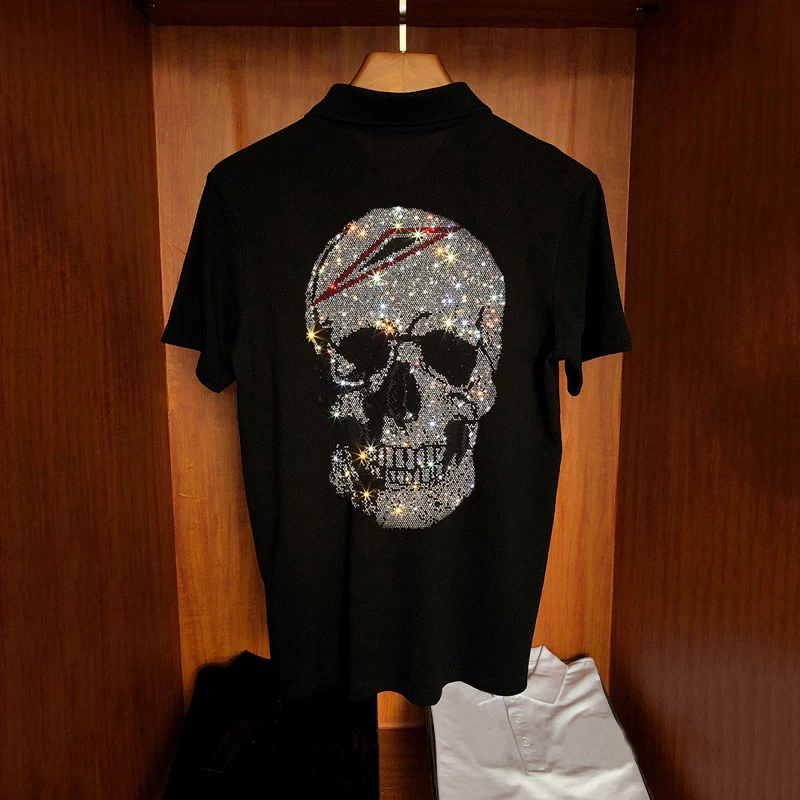 

Men's T-Shirt New Skull Pattern Hot Diamond Male Sweatshirt Casual Polo Tops Cotton Loose Summer