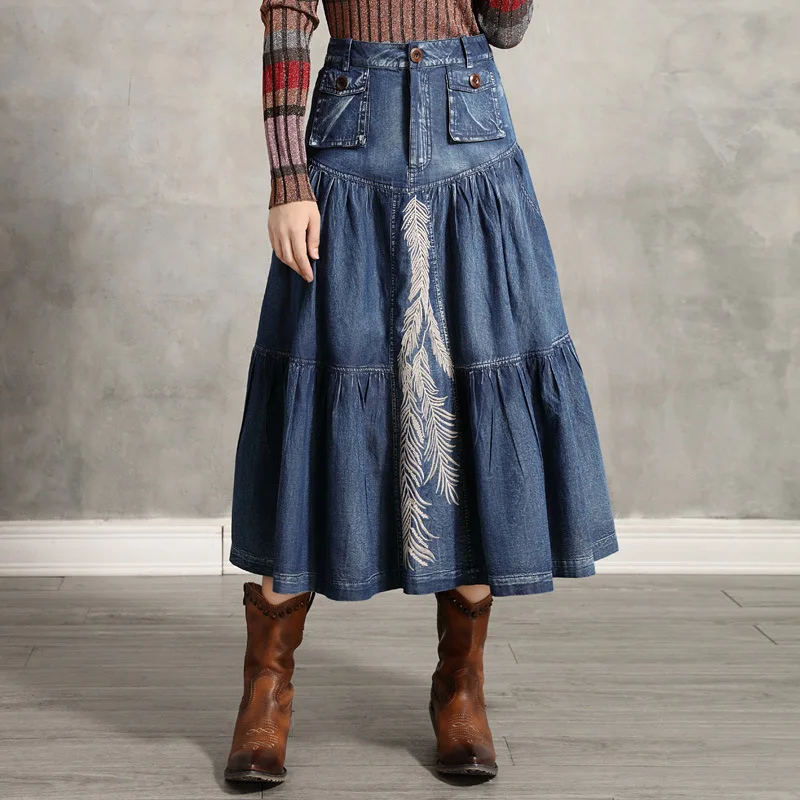 

Free Shipping New Fashion Long Mid-calf Denim Jeans Skirts For Women S-XL Spring Autumn High Waist Embroidery Skirts