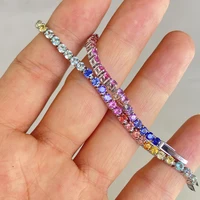 6-24 Inches Stainless Steel Plated White Gold Link 3x3mm Square Round Lab Rainbow Sapphire Bracelet Necklace