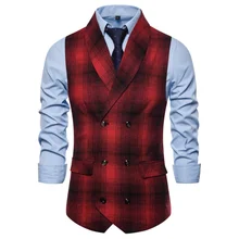 LUCLESAM chaleco de diseño a cuadros para hombre, traje con cuello en V, doble botonadura (4)