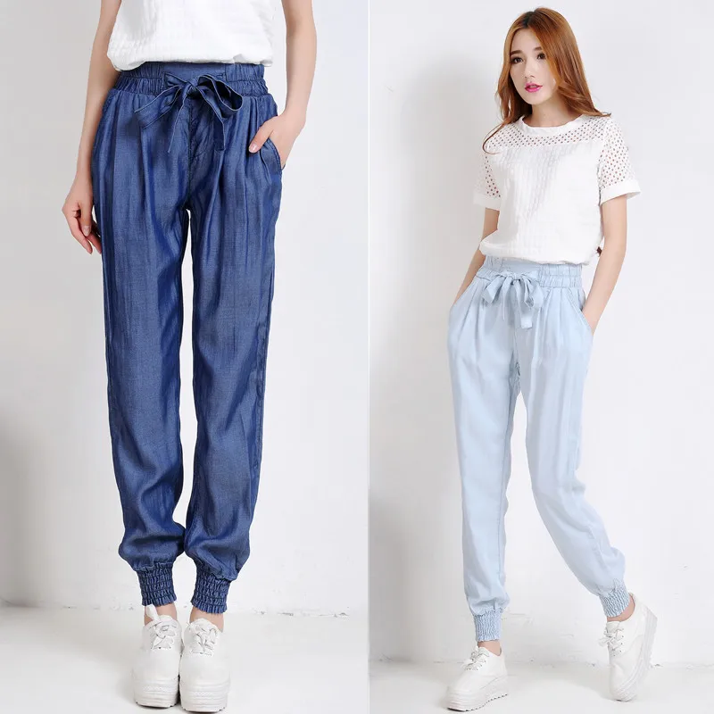 Женские джинсы из тенсельной ткани весенне летние тонкие широкие брюки