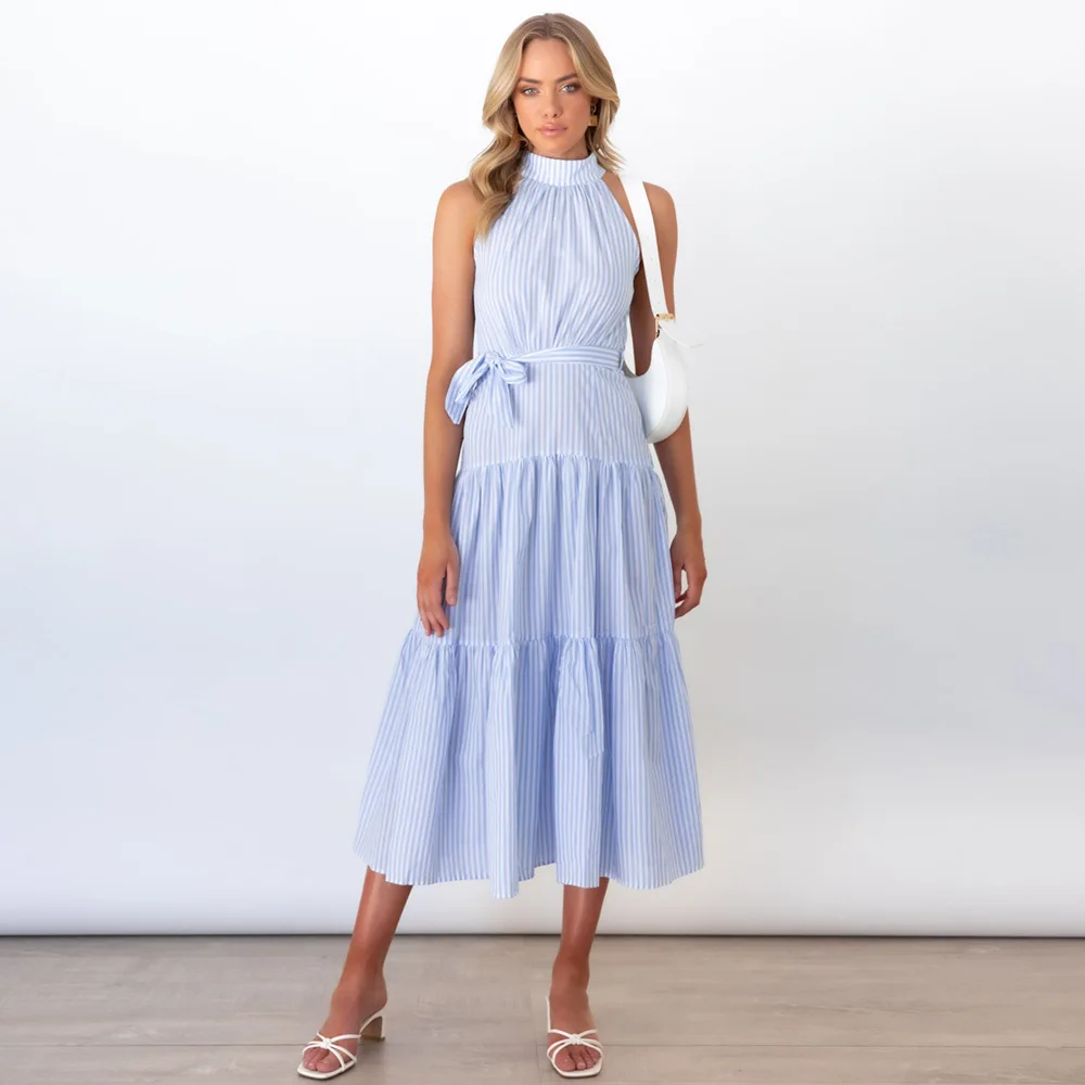 

High Quality Summer New Hot Sale Striped Fashion Halter Slim Fit Temperament Ladies Long Dress