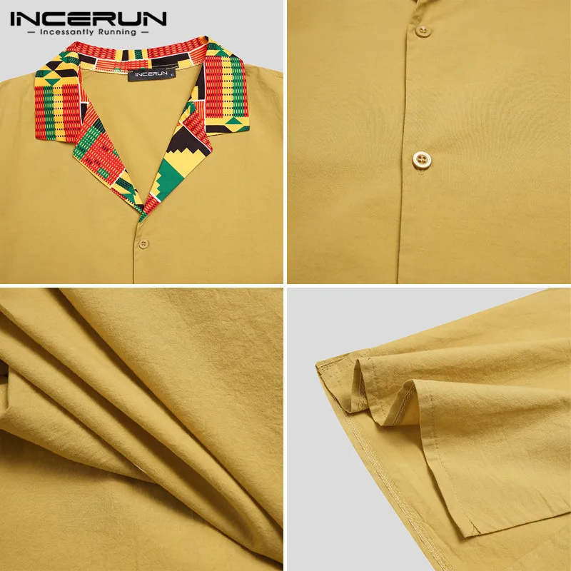 

INCERUN Ethnic Style Men Shirt Short Sleeve Lapel Casual Printed Patchwork 2021 Camisas Cotton Men African Shirts Streetwear 3XL