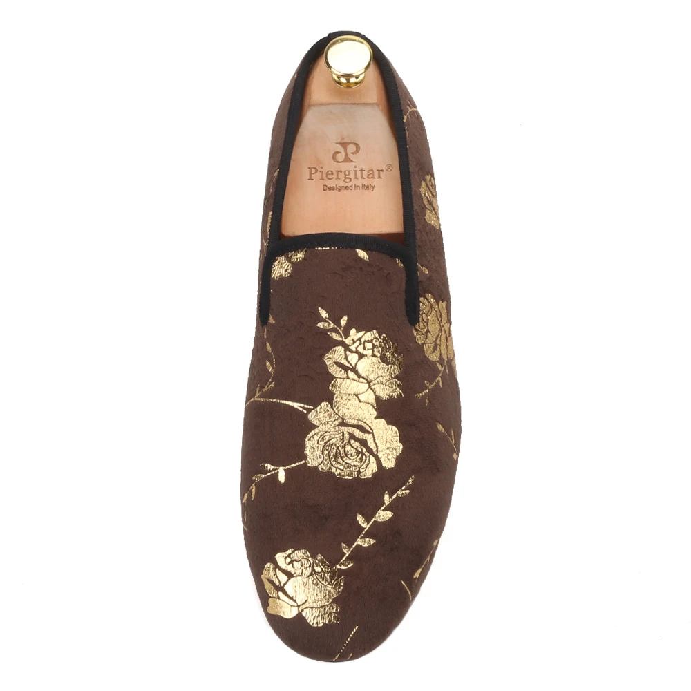 Piergitar/Новые модные золотистого цвета с цветочным принтом Обувь без шнуровки на