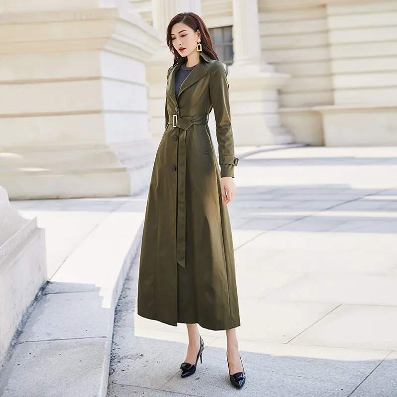 

Women Elegant Slim Fit Ankle Length Long Trench Coat Belted Single Breasted Windbreaker Office Ladies Sashes Outerwear Trench