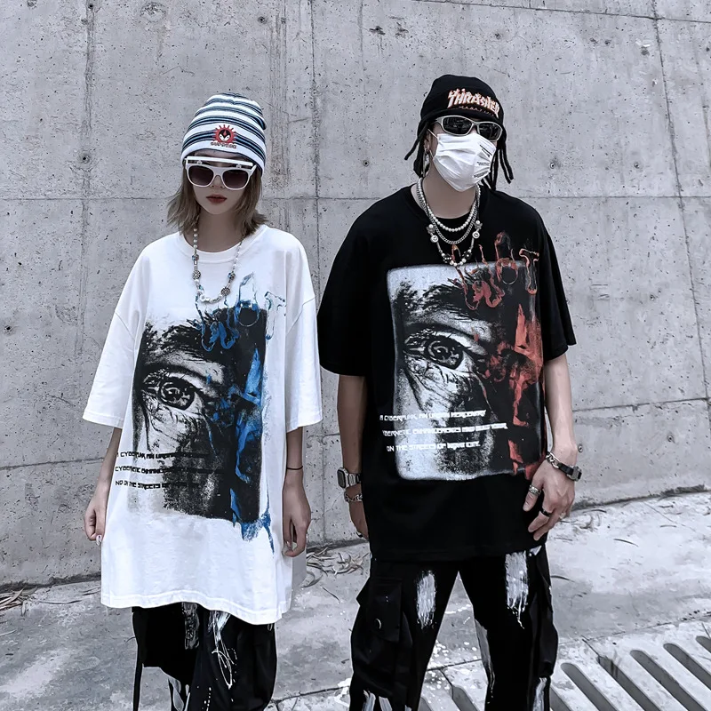 

GTDOM Hip Hop Dark Black Print Short Sleeve T-Shirt for Men Oversize Large Loose Fry Street Couple Half Sleeve Pure Cotton Shirt