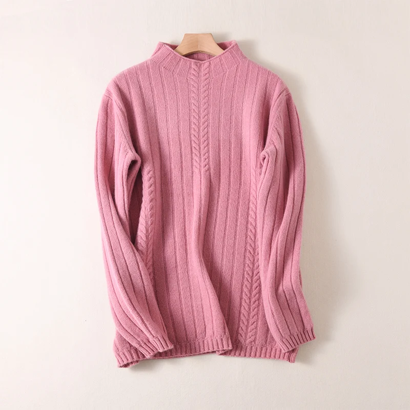 100% Wool New Autumn winter Women Knitted Sweater Pullovers Half collar sweater Solid Color Elastic Twist Lady Tops | Женская одежда