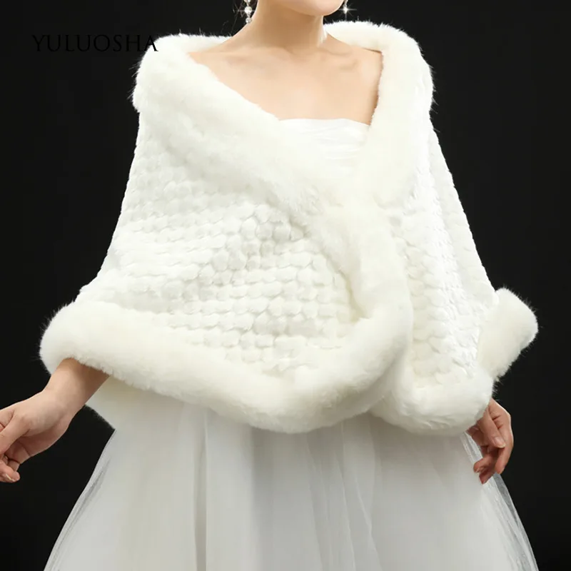 YULUOSHA 2020 Wool Shawl Bride Autumn Winter Warm Imitation Rabbit Fur Wedding Synthetic Leather Cape White | Свадьбы и торжества