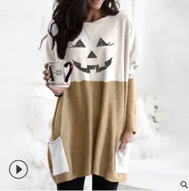 

WEPBEL Women Long Sweatshirt Long Sleeve Stitching Color Matching Pullover Top New Halloween Pumpkin Horror Holiday Casual Loose