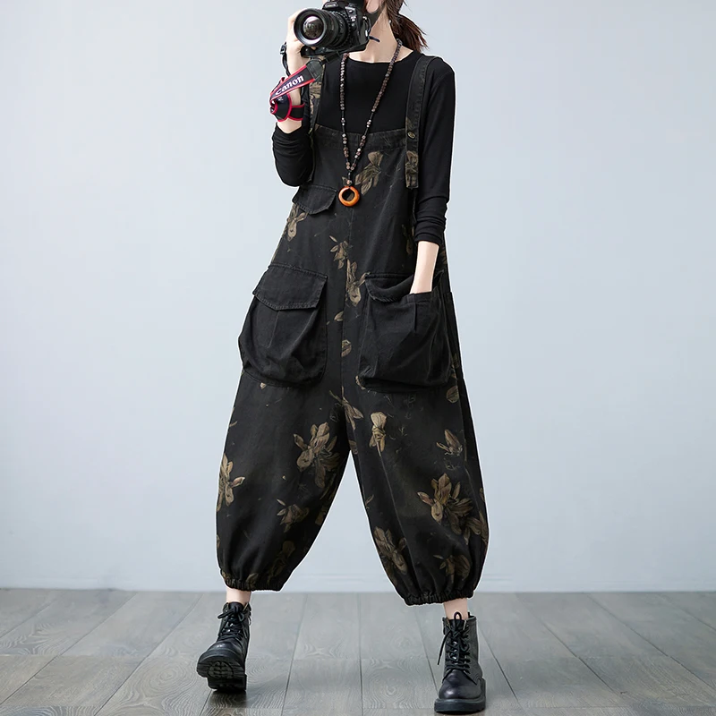 

Женский джинсовый комбинезон с широкими штанинами, Черный винтажный комбинезон свободного покроя с цветочным принтом и большими карманами...