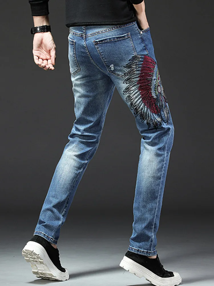 

Original design Autumn Winter New European American Fashion Blue Jeans Embroidered Indian Men's Stretch Ripped Denim Pants